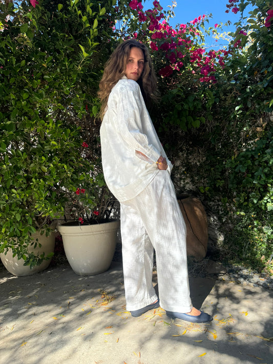 DOUBLE FACED CHALK WHITE CHECK COTTON PANT