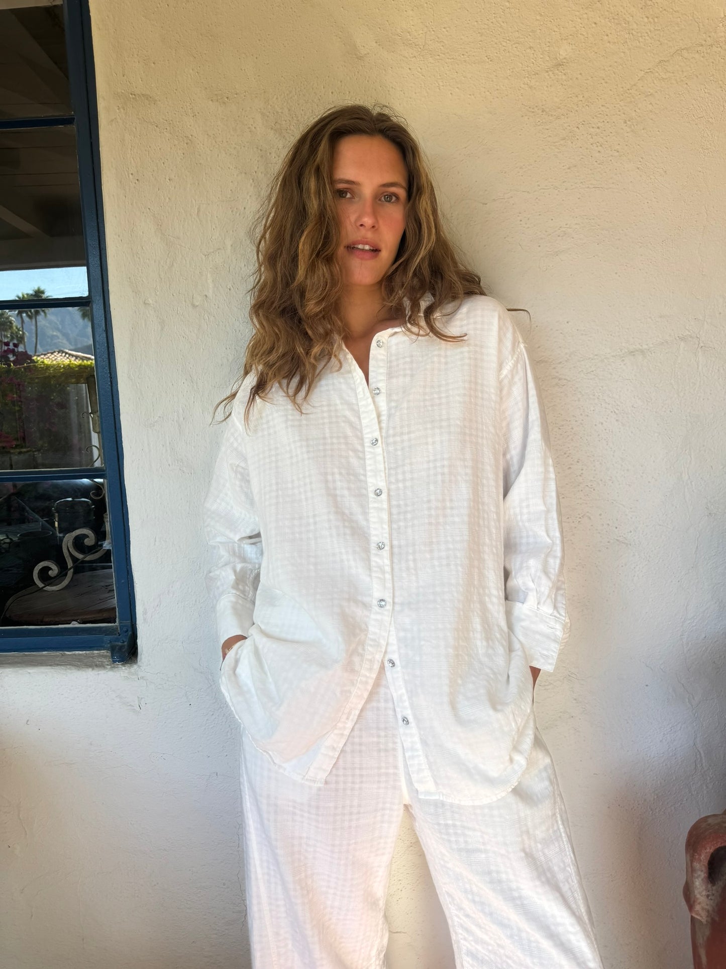 DOUBLE FACED CHALK WHITE CHECK COTTON SHIRT