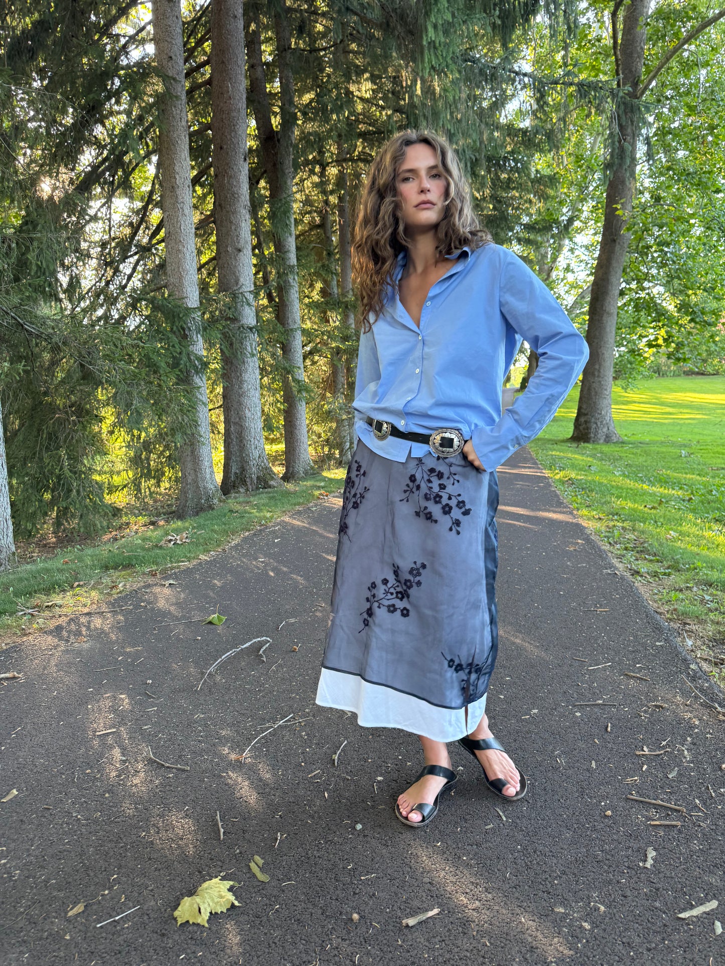 Silk Organza Sheer Skirt Navy Floral