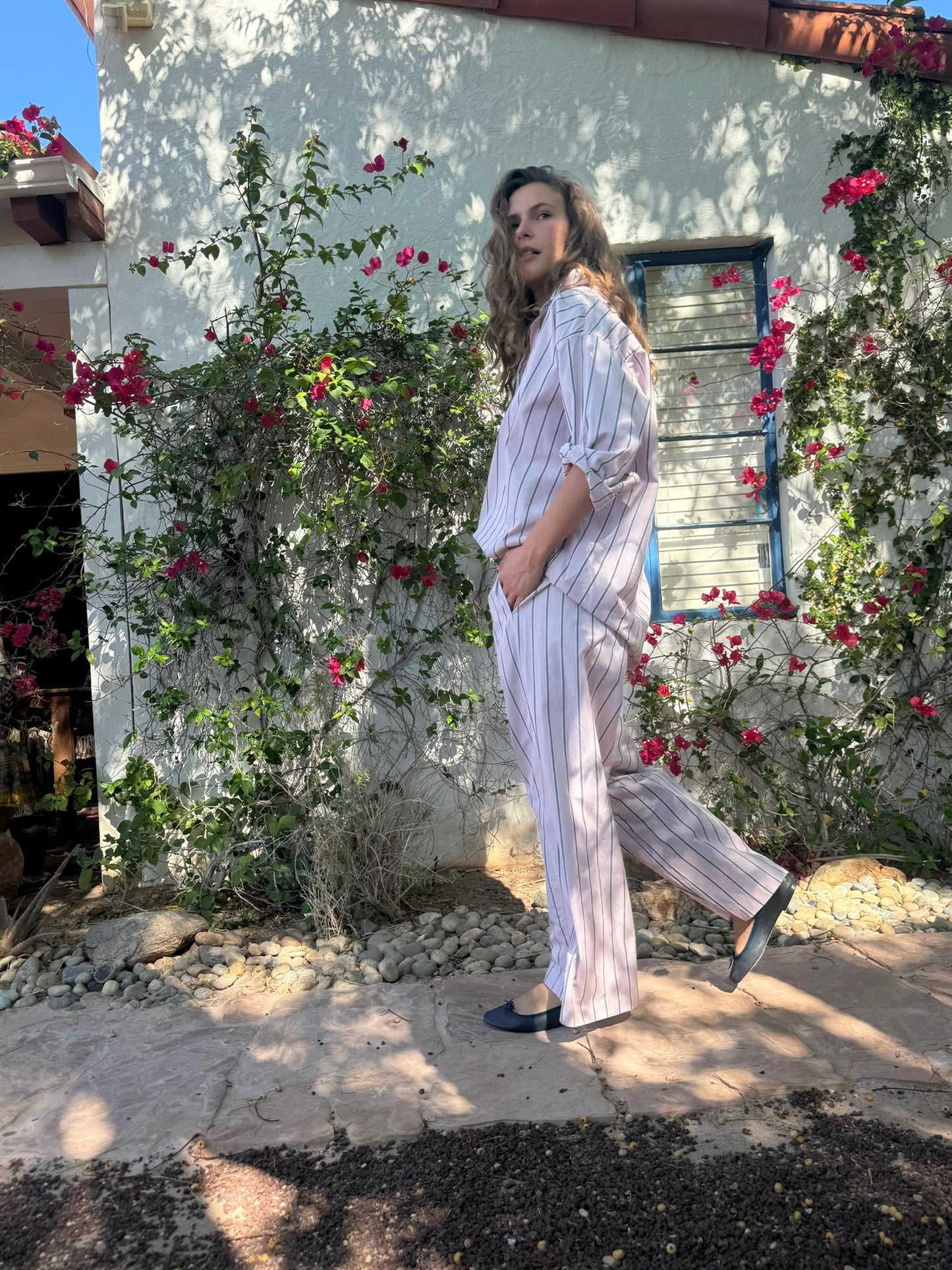 STRIPED PINK COTTON LAWN PANTS
