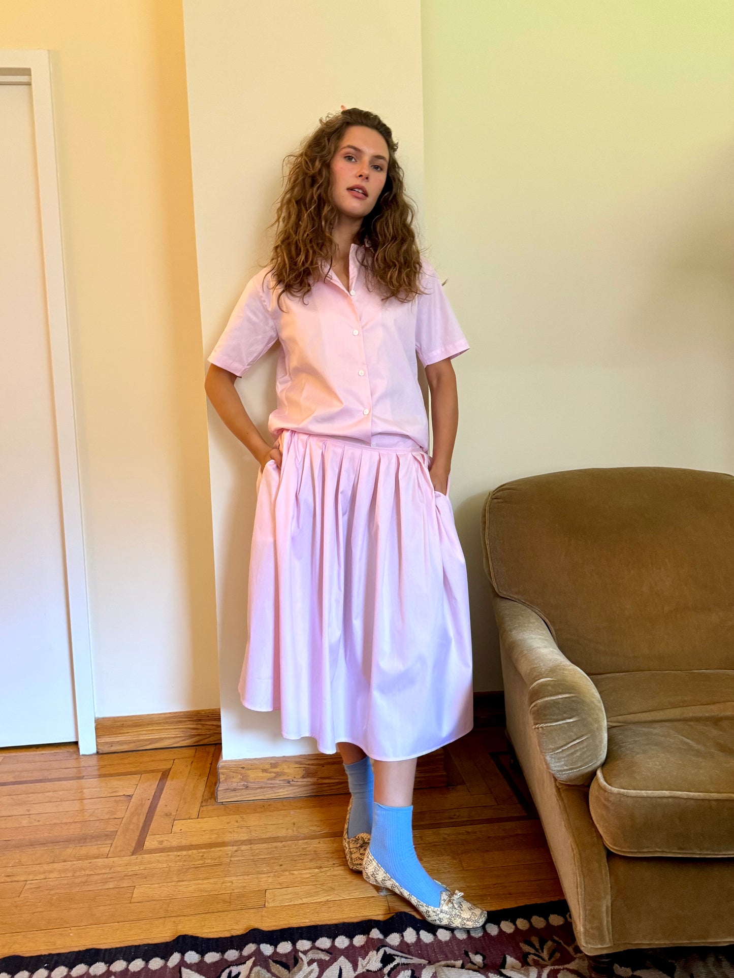 Pink cotton short sleeve shirt