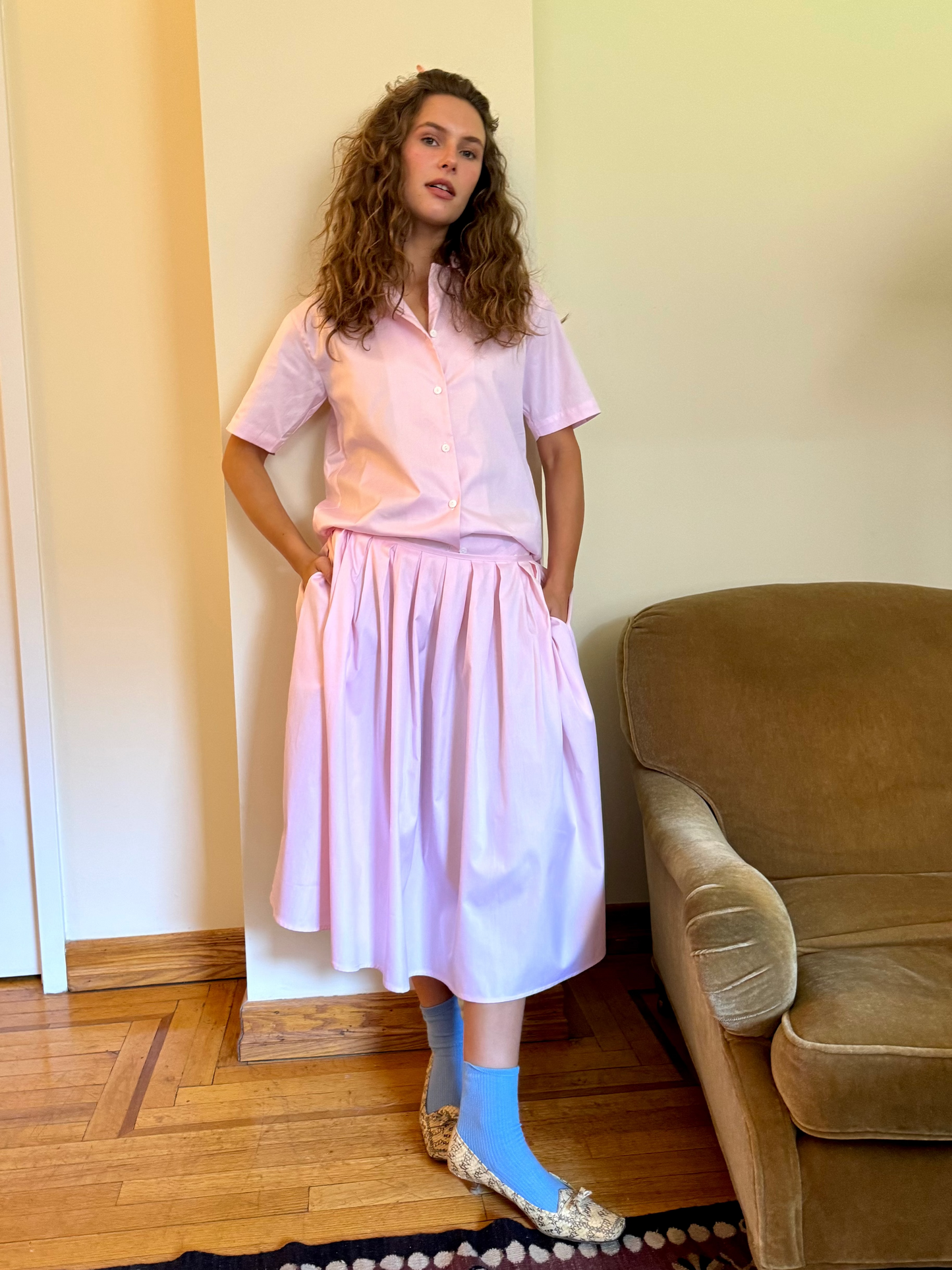 Pink cotton short sleeve shirt