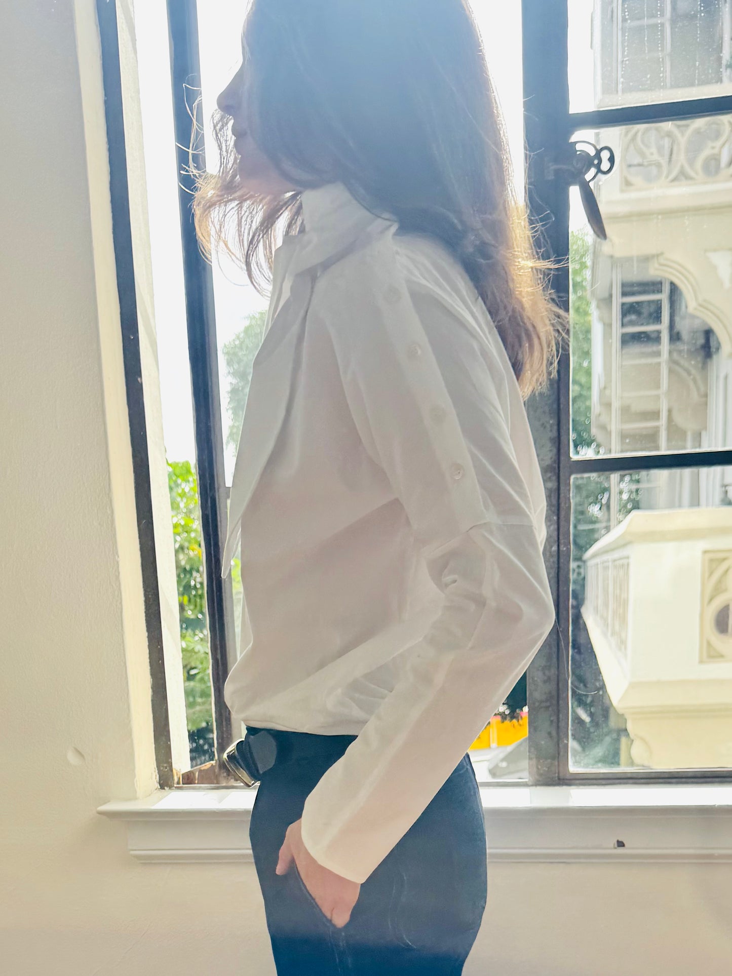 Side button long sleeve top with tie White