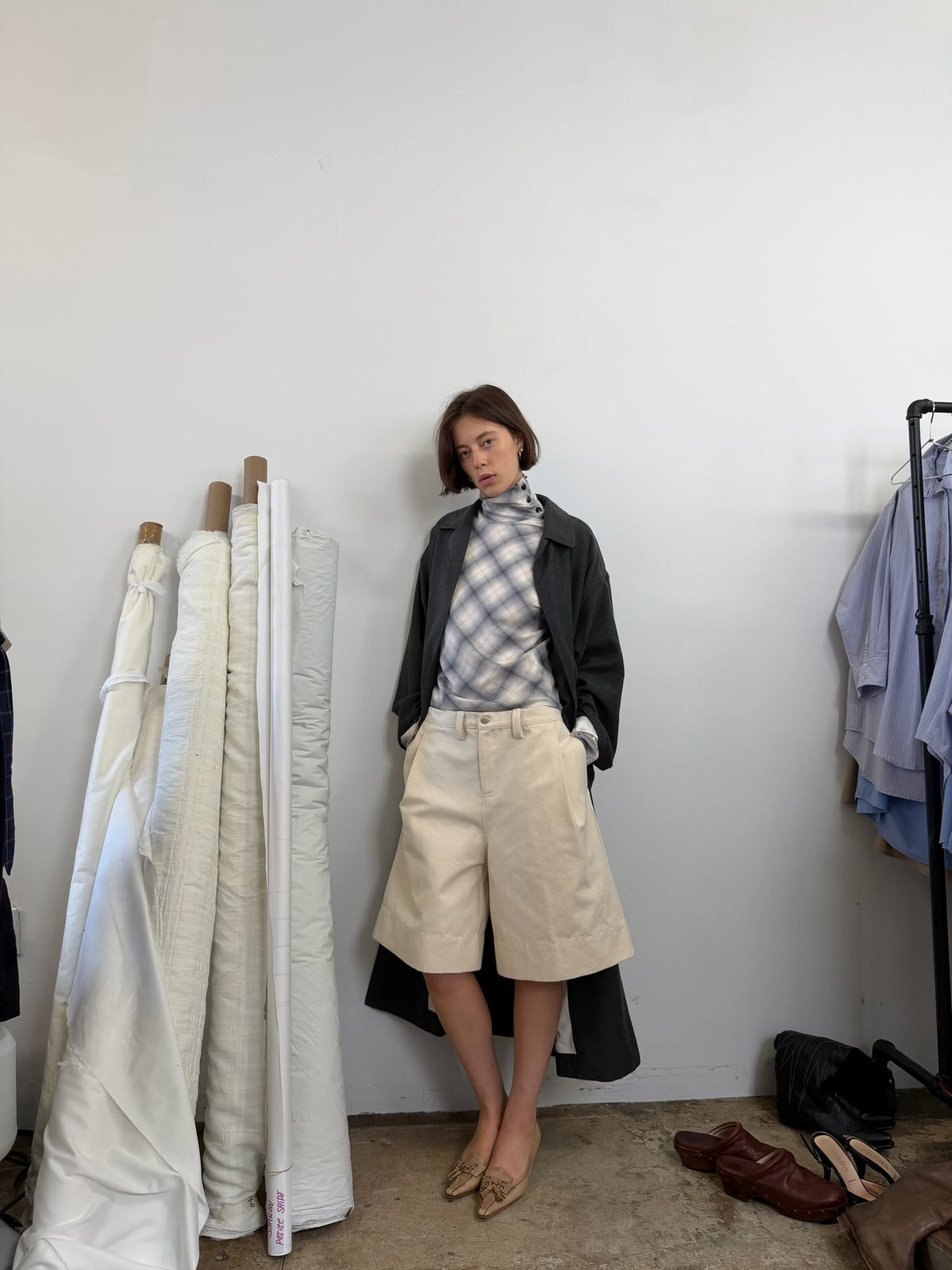 Side button long sleeve top Gray Blue Grid