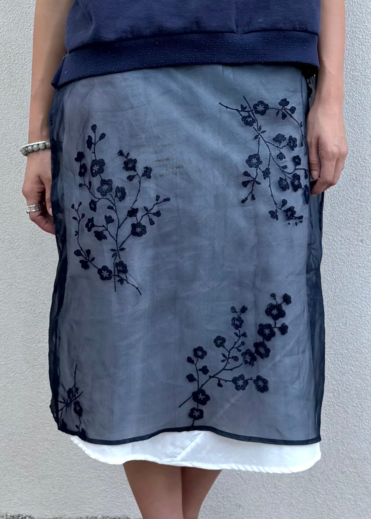 Silk Organza Sheer Skirt Navy Floral