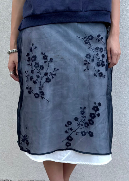 Silk Organza Sheer Skirt Navy Floral