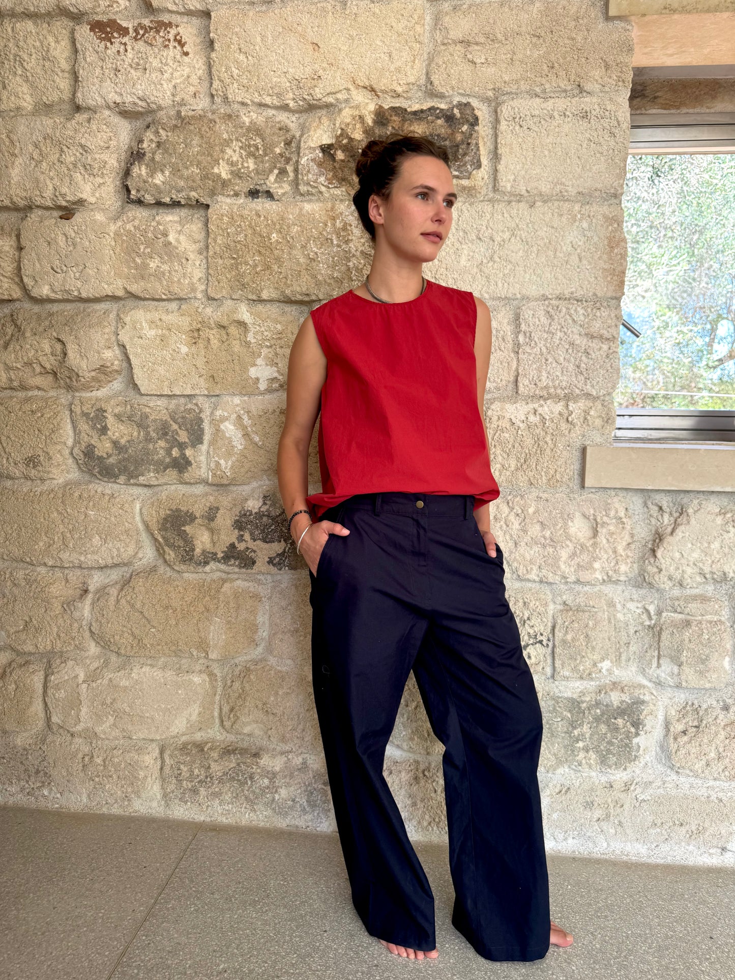 a-line sleeveless raw edge blouse cherry red