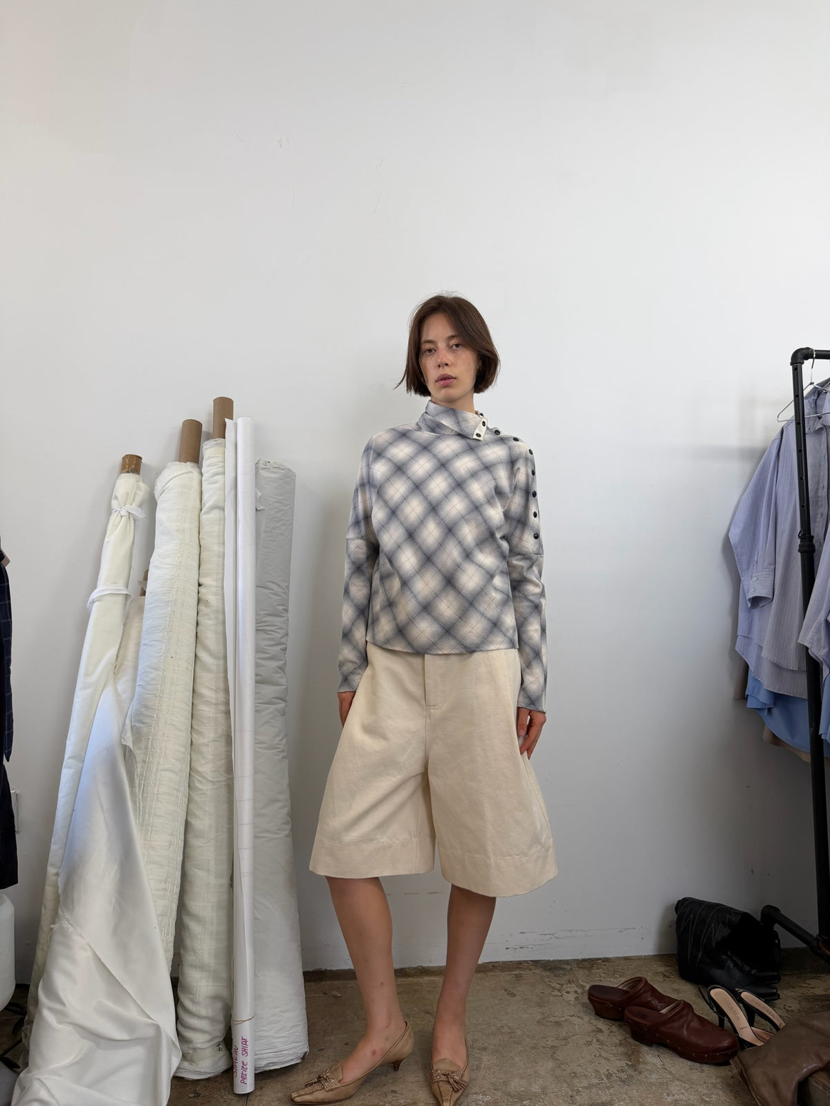 Side button long sleeve top Gray Blue Grid