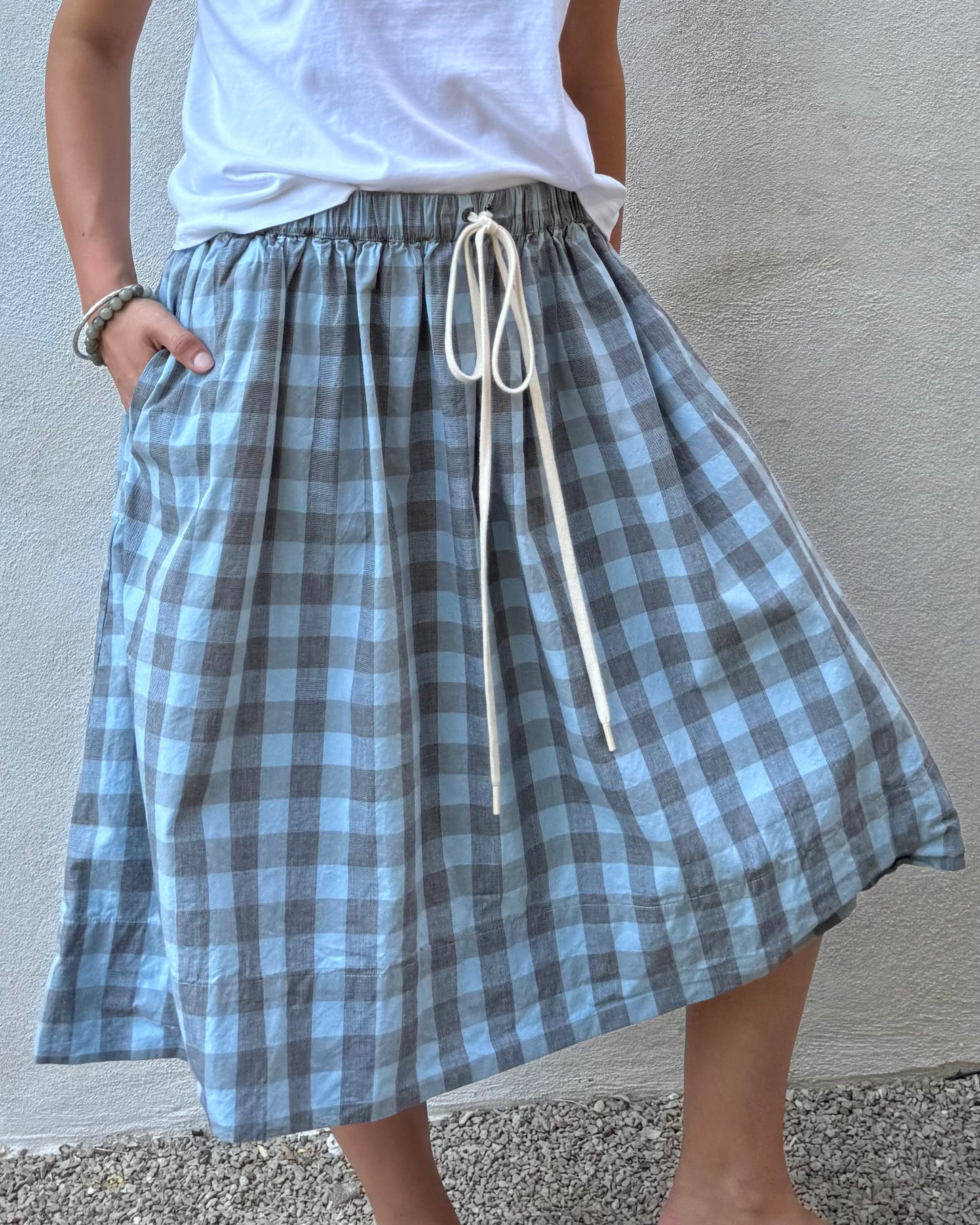 Skirt with Drawstring in Seafoam check